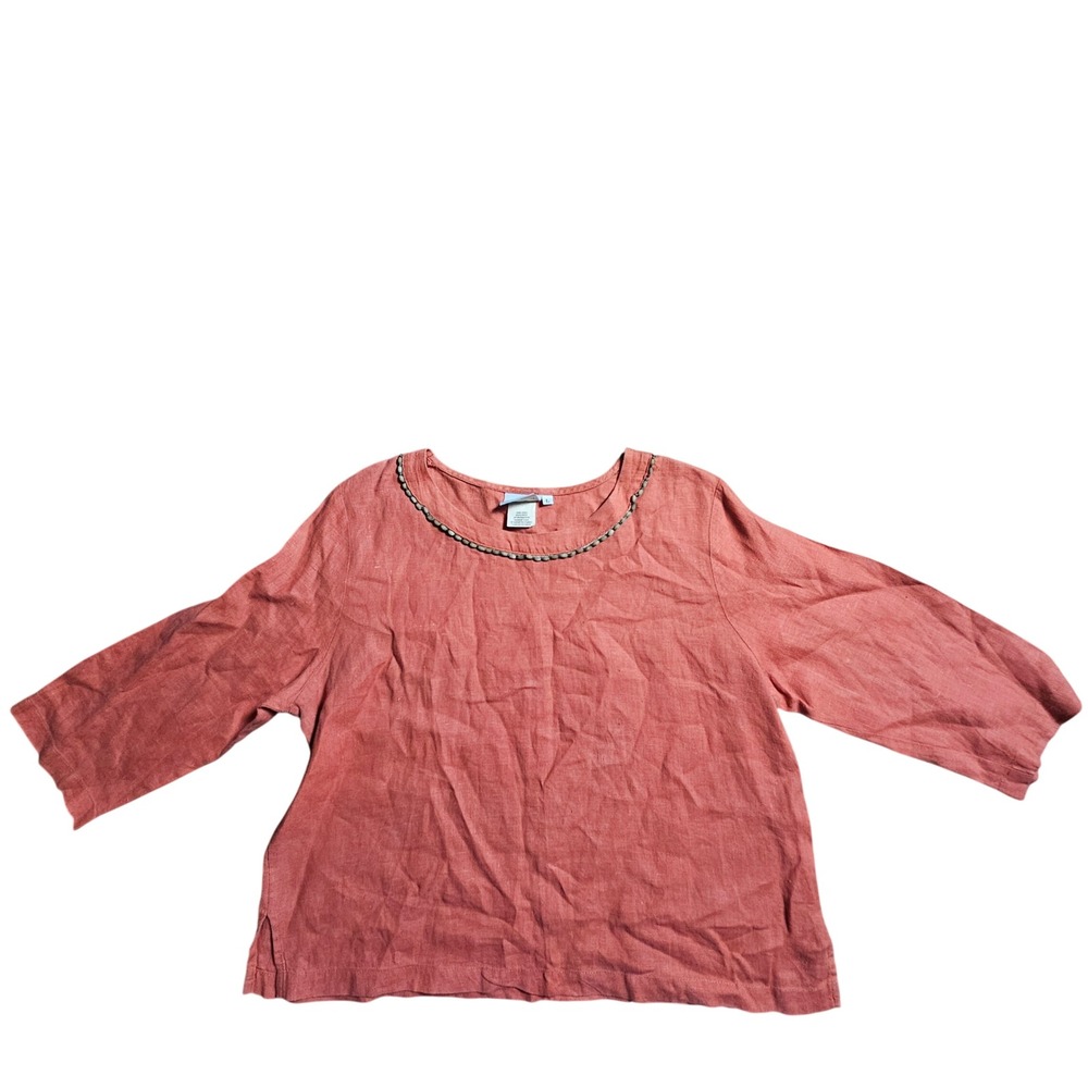 Hot Cotton by Marc Ware 100% Linen Beaded Neck 3/4 Sleeve Top L Coastal‎ Travel